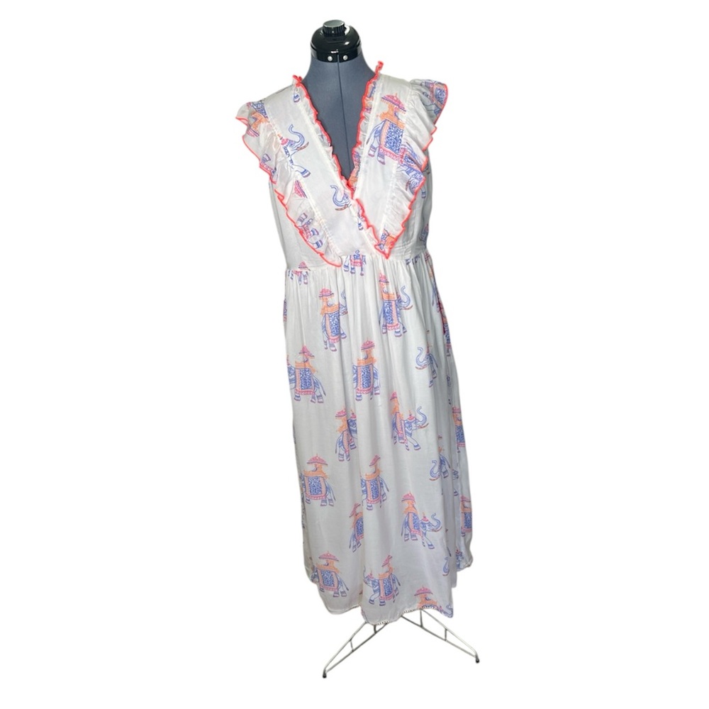 Anthropologie Place Du Soleil White Maxi Dress with Elephant Print and pinkTrim